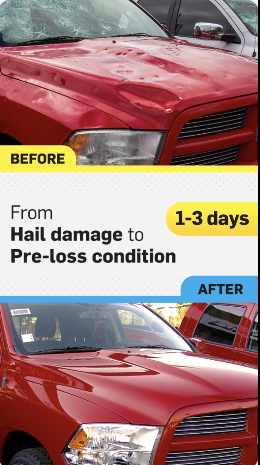 Red truck before and after hail damage repair